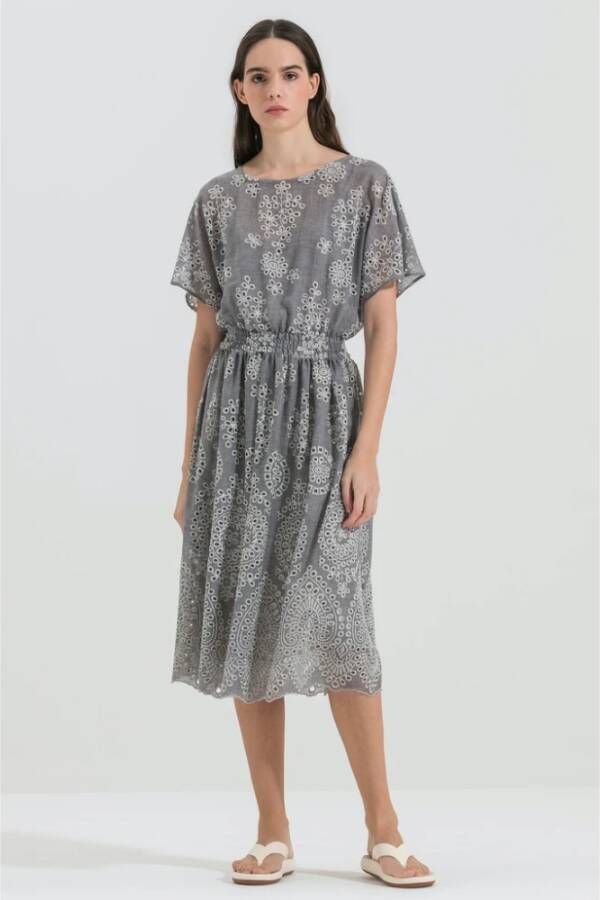 LUISA CERANO Bloemen Geborduurde Midi Jurk Wit Grijs Dames