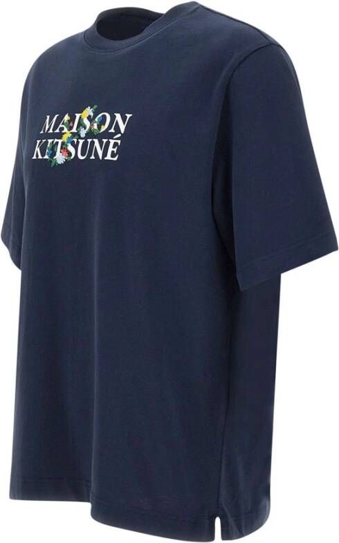 Maison Kitsuné Heren Navy Blauw Katoenen T-Shirt met Geborduurd Logo Blauw Heren