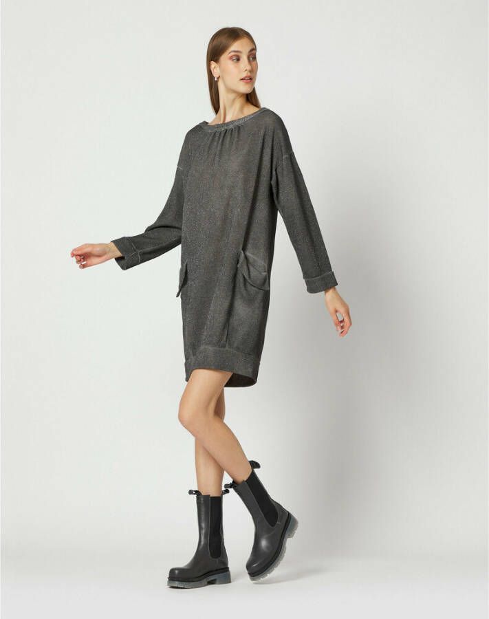 Manila Grace Sweatshirt jurk met grote zakken kunst. A045Cd Grijs Dames