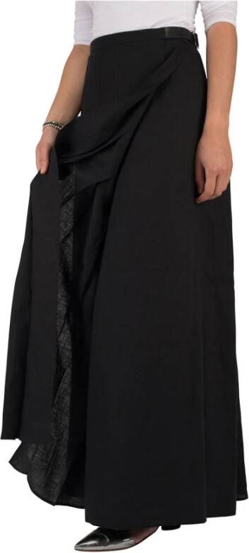 Max Mara Elegante Zwarte Linnen Maxi Rok met Plooien en Zijknopen Zwart Dames