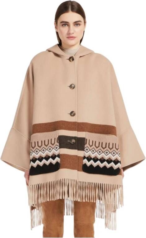 Max Mara Weekend Kameelkleurige Wollen Cape met Capuchon en Franjes Brown Dames