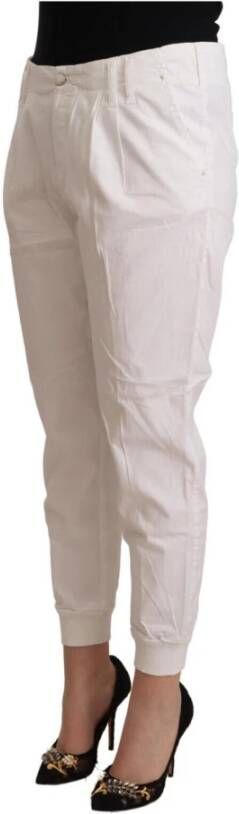 MET White Cotton Mid Waist Tapered Cropped Pants Wit Dames