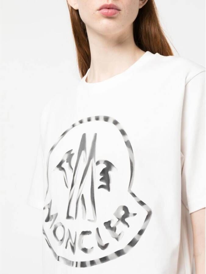 Moncler Beige Katoenen T-shirt met Logo Print Beige Dames