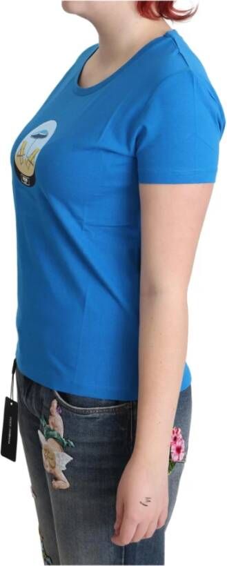 Moschino Blue Printed Cotton Short Sleeves Tops T-shirt Blauw Dames