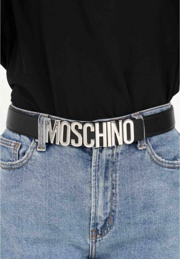 Moschino Zwarte riem met zilveren logo Zwart Heren