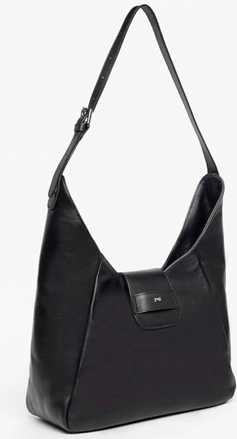 Nerogiardini Zwarte leren schoudertas met gouden rits Black Dames