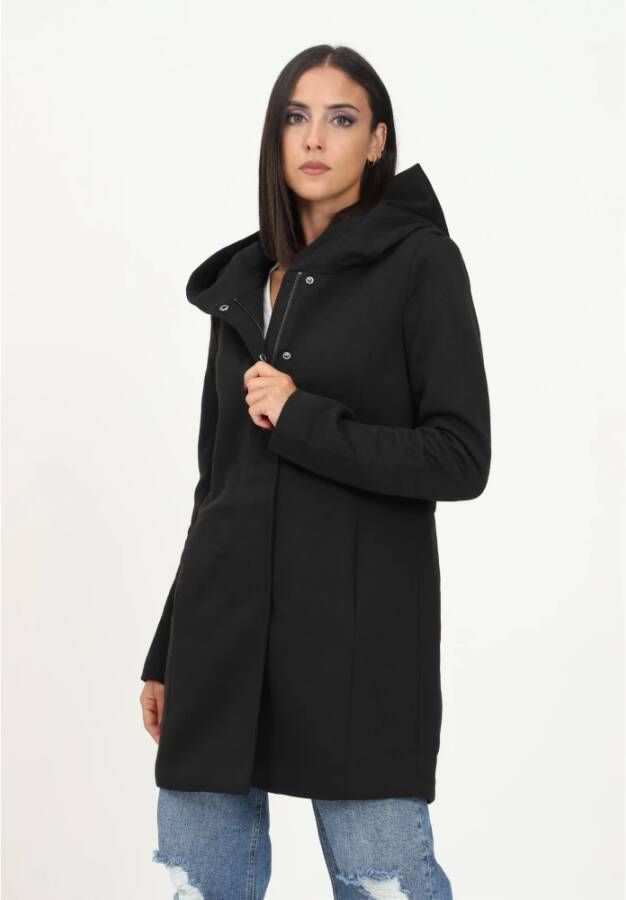 Only Zwarte gedrapeerde jas met capuchon en verborgen sluiting Zwart Dames
