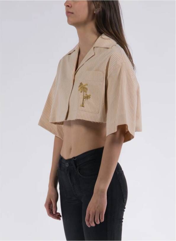 Palm Angels Cropped Bowling Shirt Hoogwaardig Katoen Beige Dames