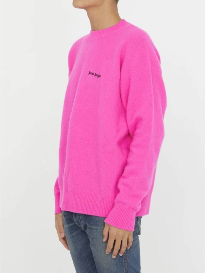 Palm Angels Fuchsia Merinowollen Trui met Geborduurd Logo Pink Heren