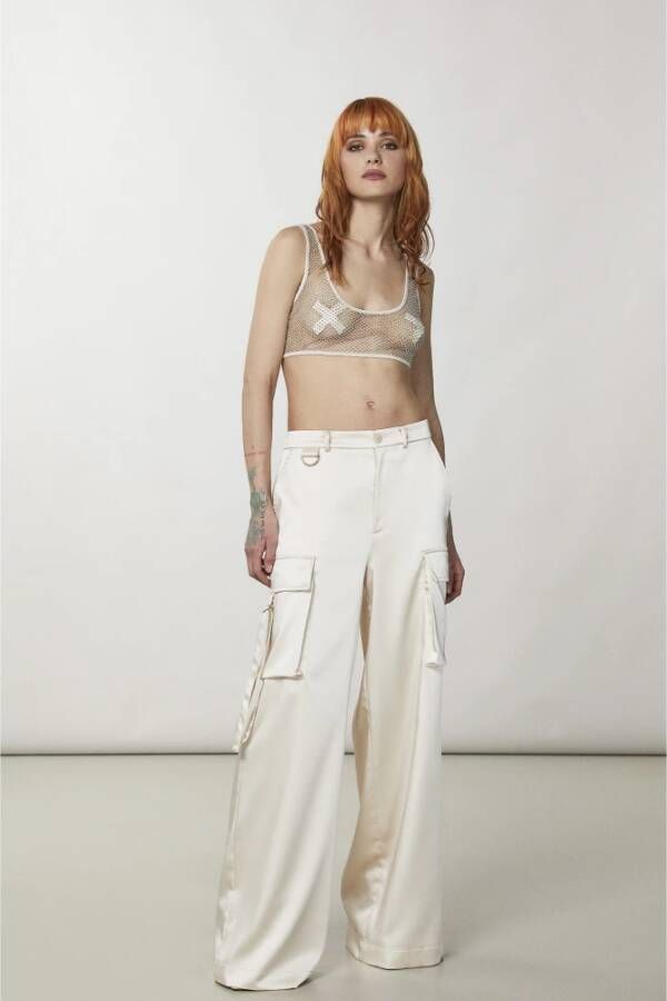 PATRIZIA PEPE Rhinestone Mesh Mouwloze Top Beige Dames