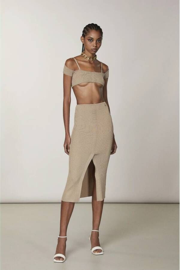 PATRIZIA PEPE Slim Fit Ribgebreide Midi Rok Beige Dames