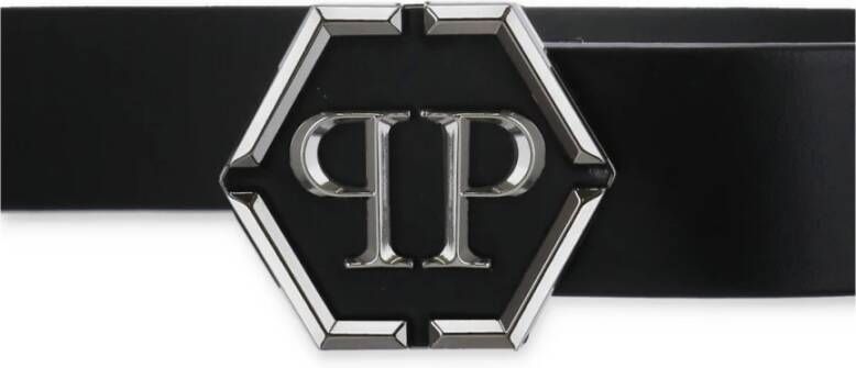 Philipp Plein Zwarte leren riem met metalen hexagon logo Zwart Heren