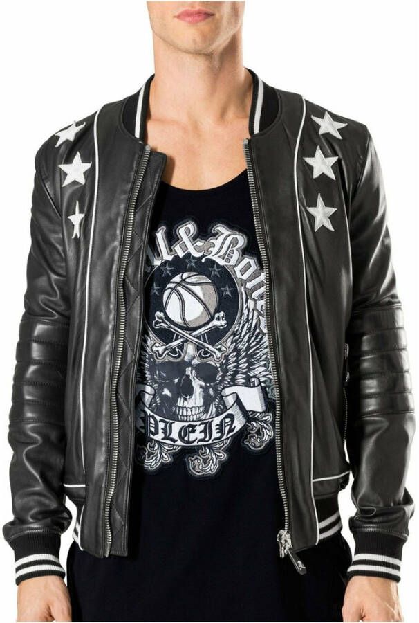 Philipp Plein Gepatchte Leren Jas Zwart Heren