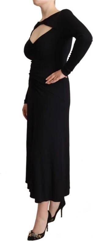 pinko Black Nylon Stretch Long Sleeves Deep V-neck Maxi Dress Zwart Dames