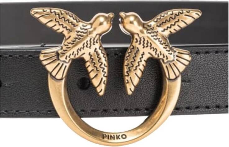 pinko Smalle leren riem met Love Birds Diamond Cut gesp Zwart Dames