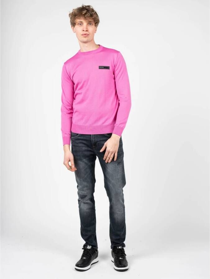 Plein Sport Heren Merinowollen Geribbelde Pullover Roze Heren