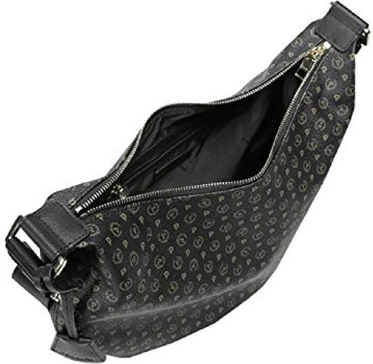 Pollini Zwarte Halvemaan Schoudertas met Heritage Print en Zwarte Inzetstukken Zwart Dames