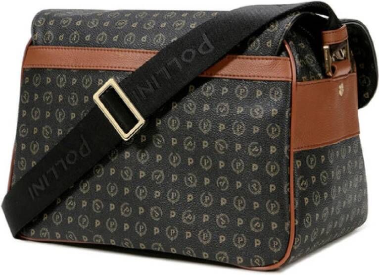 Pollini Grote Zwarte Messenger Schoudertas met Heritage Print en Bruine Inzetstukken Zwart Dames