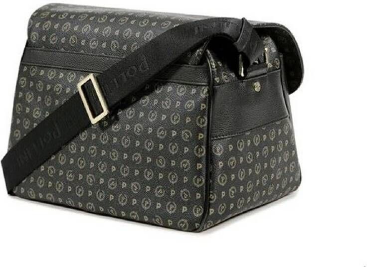 Pollini Grote Zwarte Messenger Schoudertas met Heritage Print en Zwarte Inzetstukken Zwart Dames