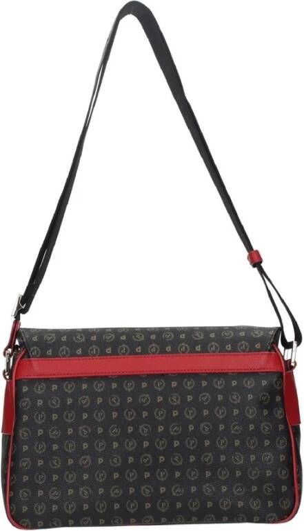 Pollini Grote Zwarte Messenger Schoudertas met Heritage Print en Rode Inzetstukken Zwart Dames