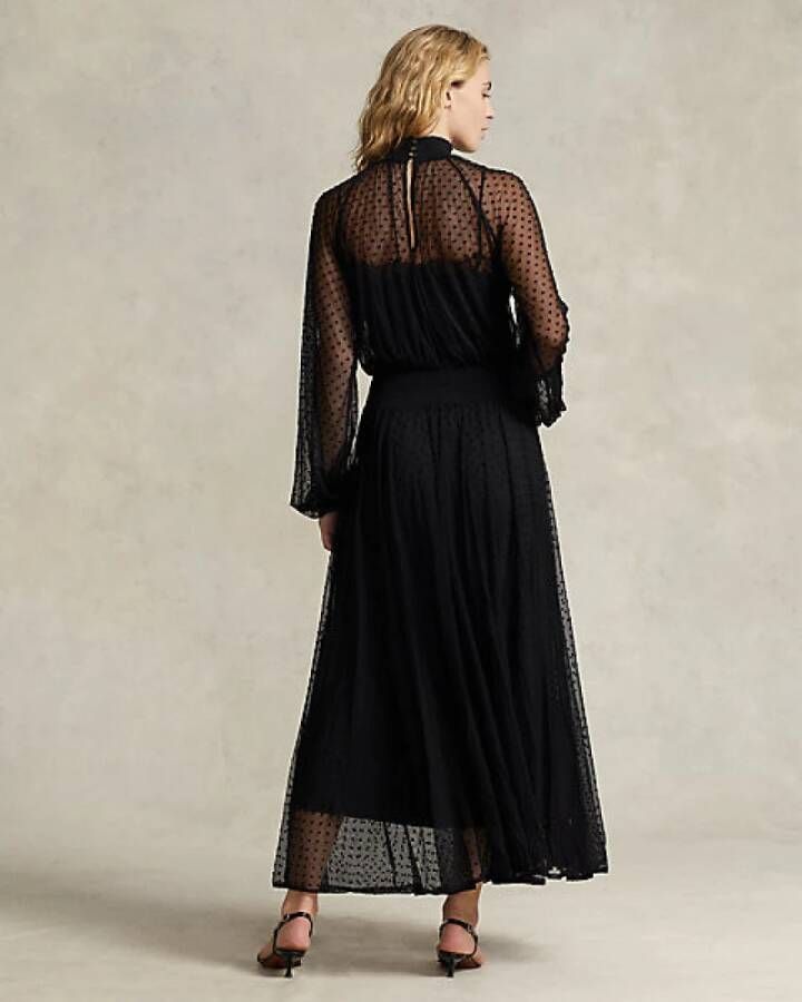 Polo Ralph Lauren Tule jurk met halve rolkraag en polkadots Black Dames