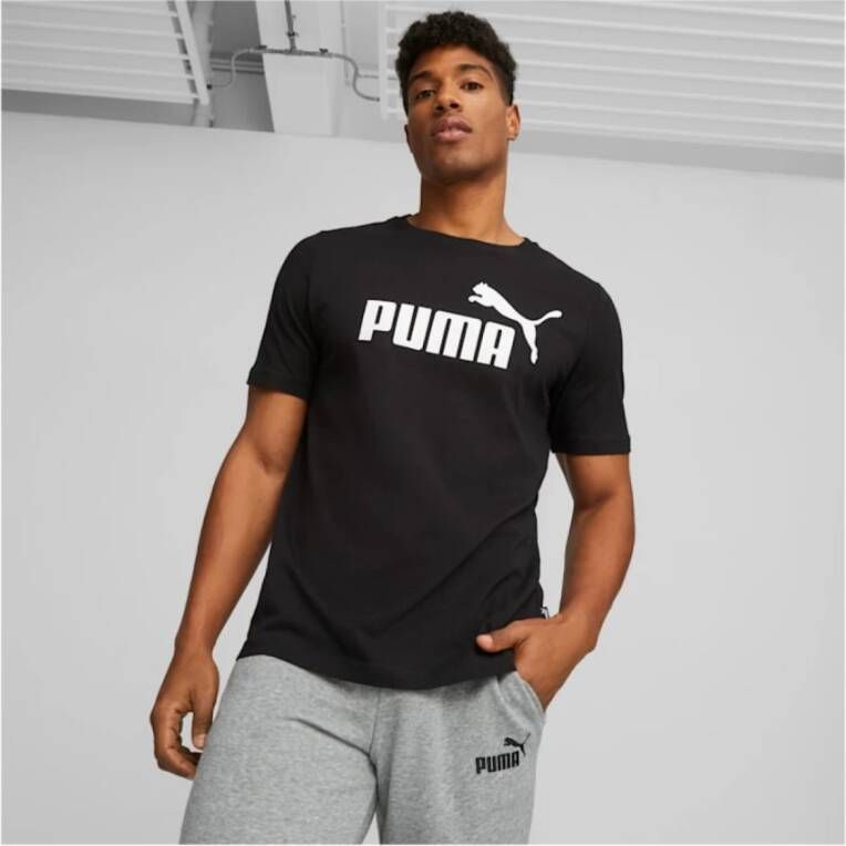 Puma Logo Print Katoenen Stretch T-Shirt Zwart Heren