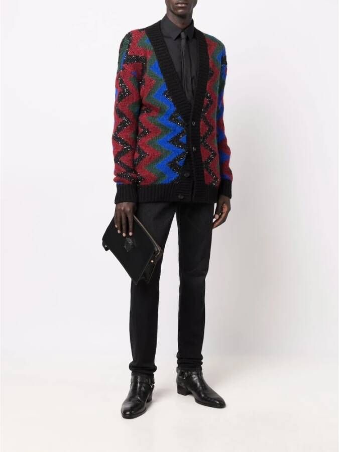Saint Laurent Rode knoop cardigan met zigzag jacquard patroon Rood Heren