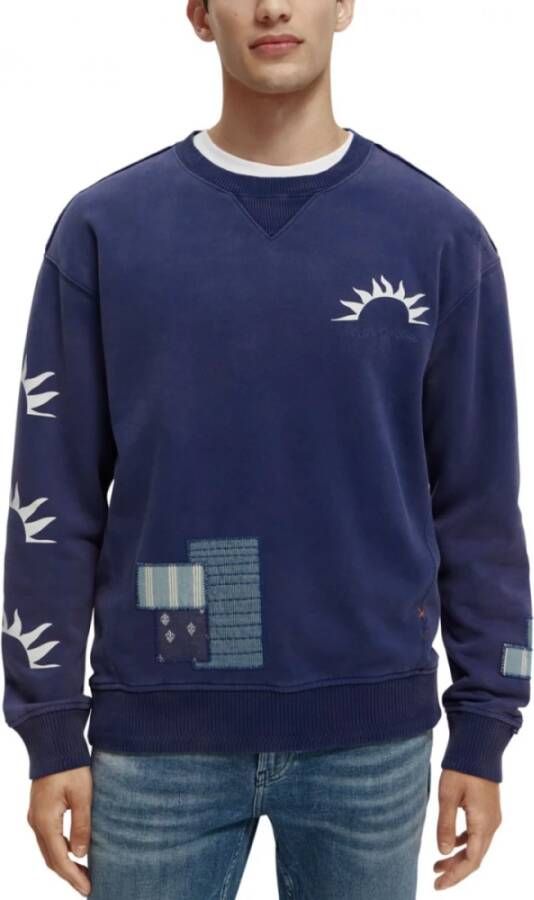 Scotch & Soda Ontspannen Gestikte Patch Sweater Blauw Heren