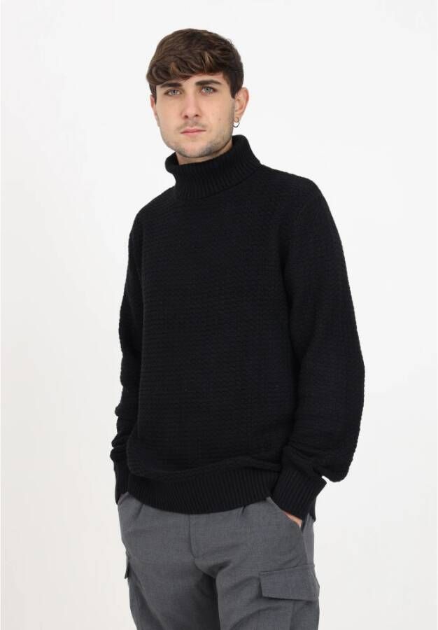 Selected Homme Zwarte Coltrui met Geribbelde Randen en Gestructureerd Oppervlak Black Heren