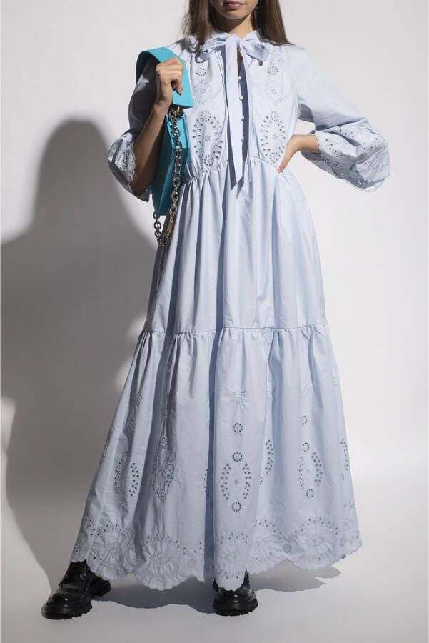 Self Portrait Lichtblauwe Maxi Jurk met Unieke Borduursels Blauw Dames
