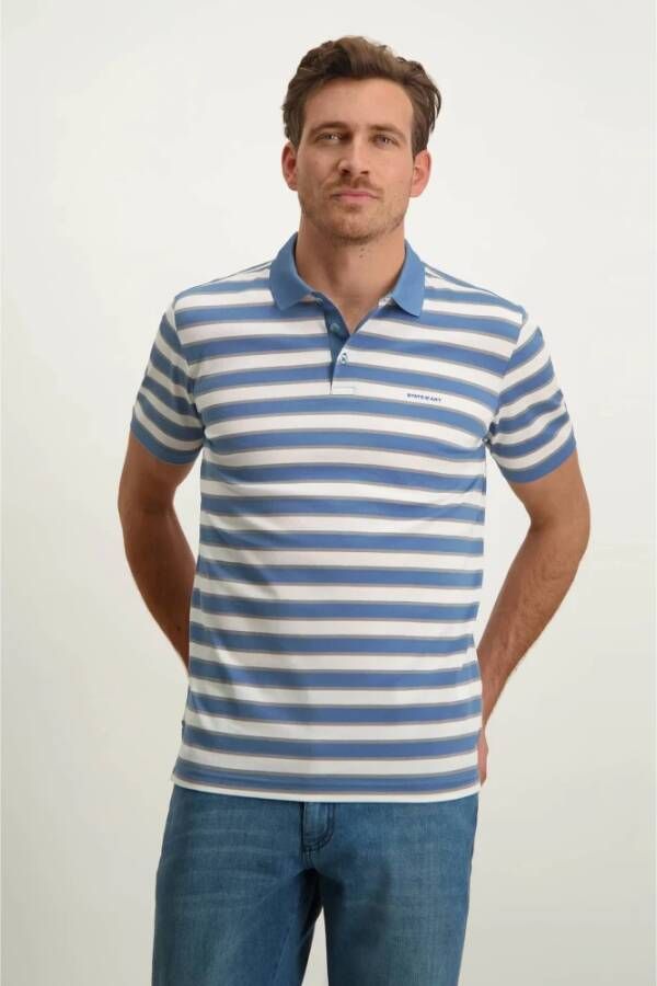 State of Art Pique Polo Logo Strepen Blauw Heren