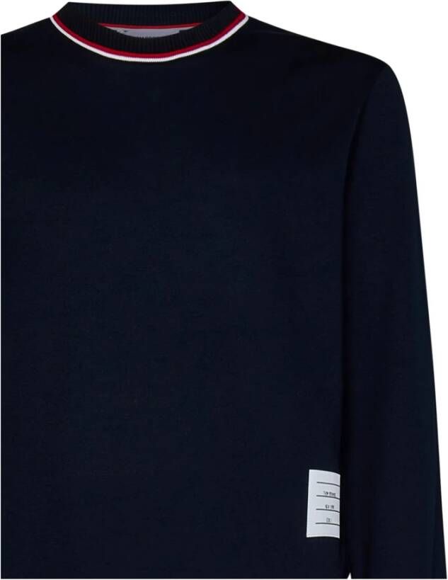 Thom Browne Blauwe Ribgebreide Crewneck Sweater met Handtekening Gestreepte Details Blue Heren