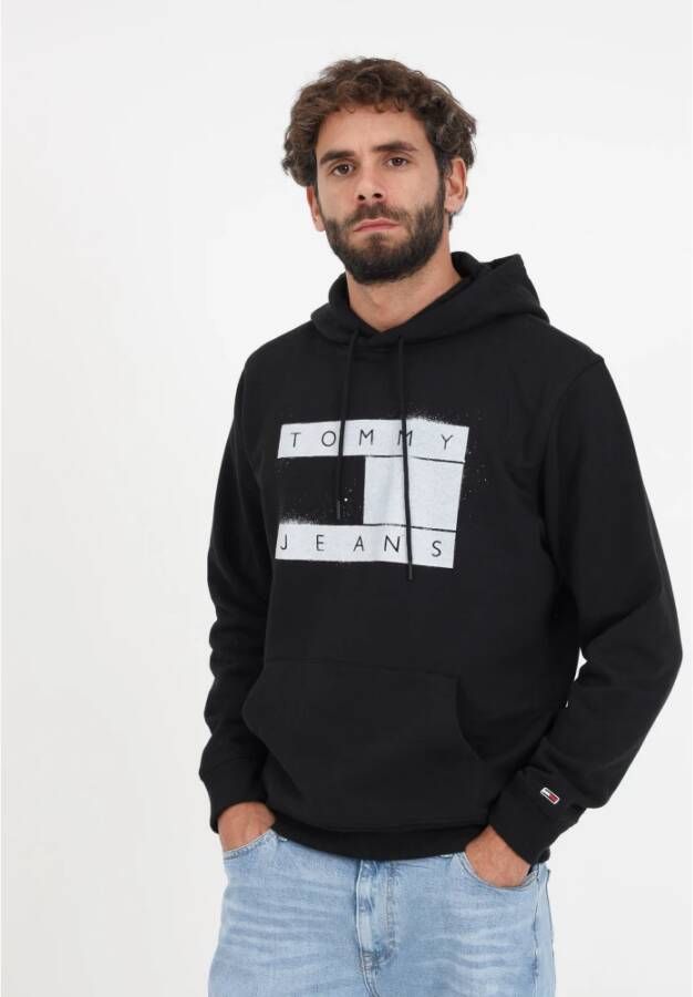 Tommy Jeans Zwarte hoodie met logo print en kangoeroezak Zwart Heren