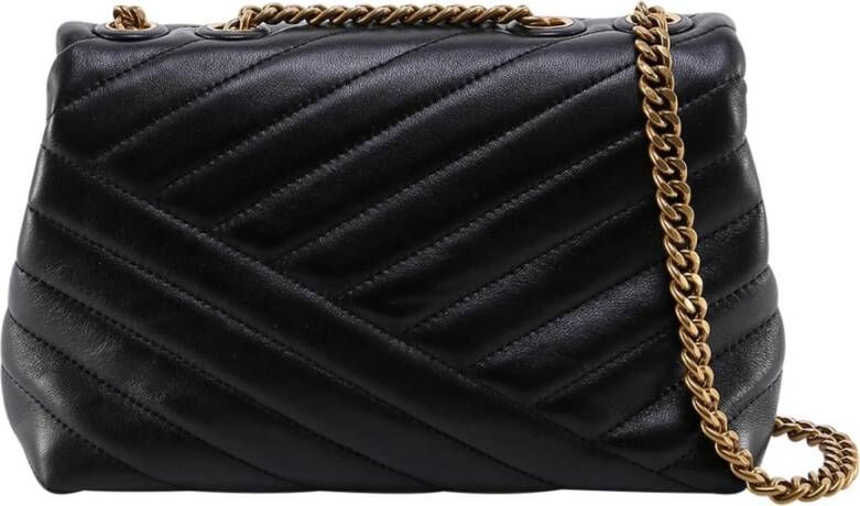 TORY BURCH Matelassé Leren Schoudertas met Frontaal Logo Zwart Dames