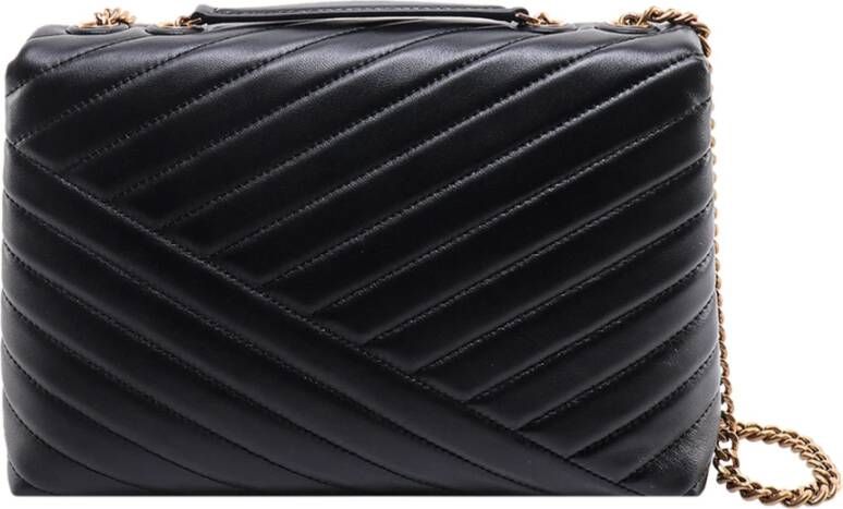 TORY BURCH Matelassé Leren Schoudertas met Metalen Logo Zwart Dames