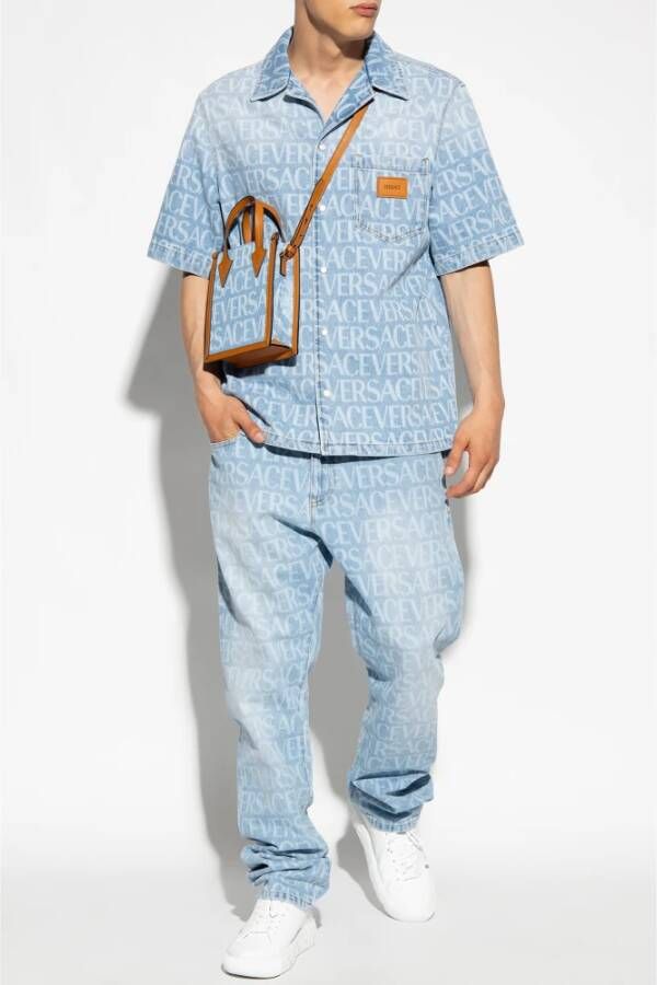 Versace Denim overhemd met korte mouwen Blauw Heren