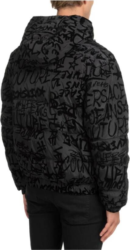 Versace Jeans Couture Logo Graffiti Gewatteerde Jas met Afneembare Capuchon Zwart Heren