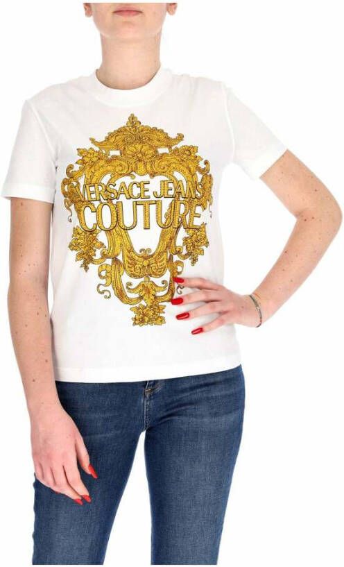 Versace Jeans Couture T-shirt girocollo con logo stampato fronte donna Versace 73Hahp02-Cj01P Bianco Oro Wit Dames