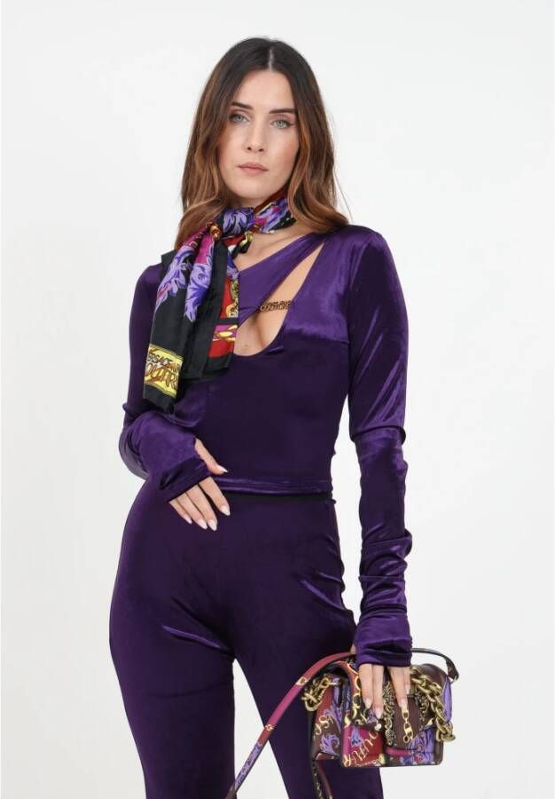 Versace Jeans Couture Velvet Kortemouw Top met Asymmetrische Cut-Out Detail Purple Dames