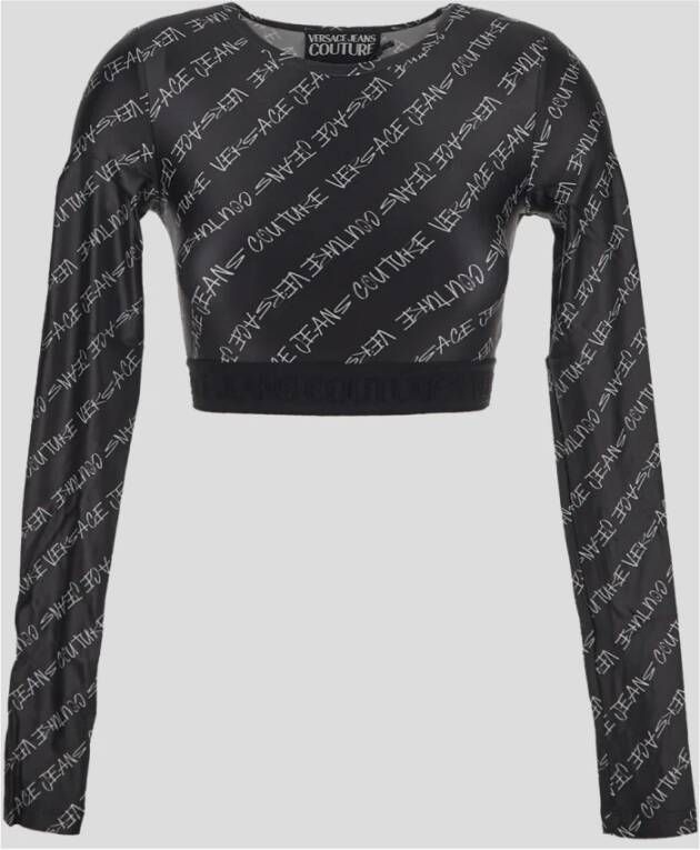 Versace Jeans Couture Zwart Glanzend Logo Print Cropped Top Zwart Dames