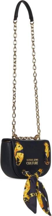 Versace Jeans Couture Zwarte Schoudertas met Bedrukte Sjaal en Gouden Ketting Zwart Dames