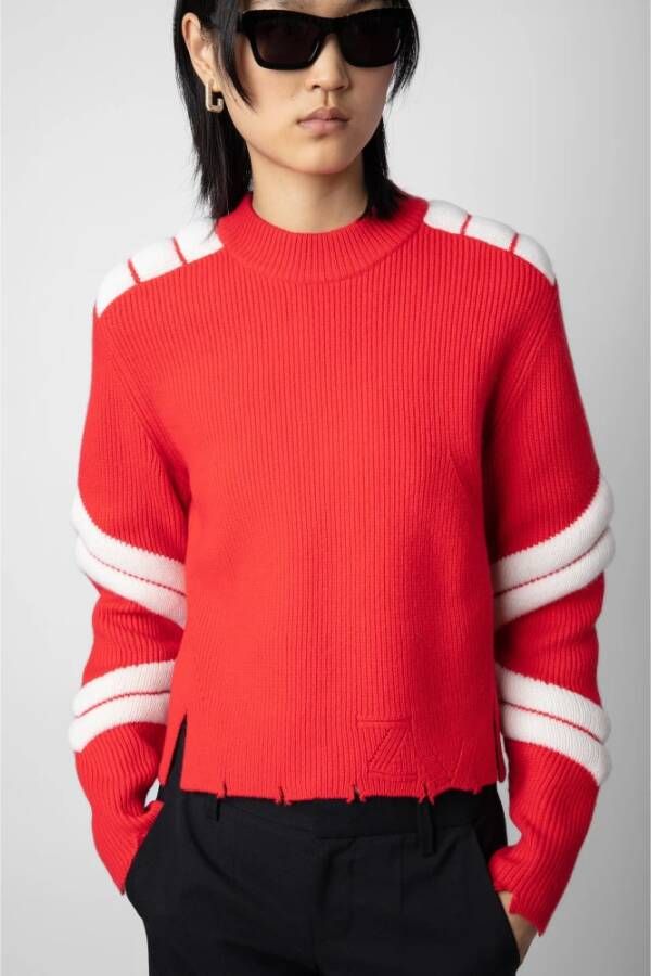 Zadig & Voltaire Rode Merinowollen Jersey met Contrastmotieven en Versleten Randen Rood Dames