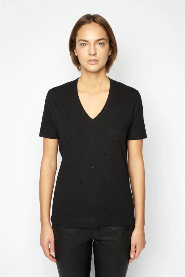 Zadig & Voltaire Zwarte V-hals T-shirt met Strass-details Zwart Dames
