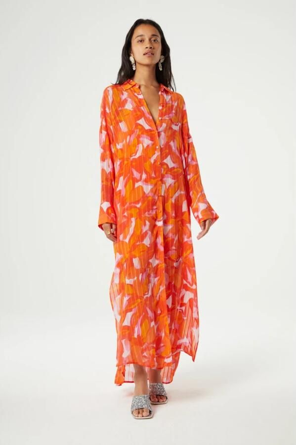Fabienne Chapot maxi blousejurk met all over print oranje roze geel - Foto 3