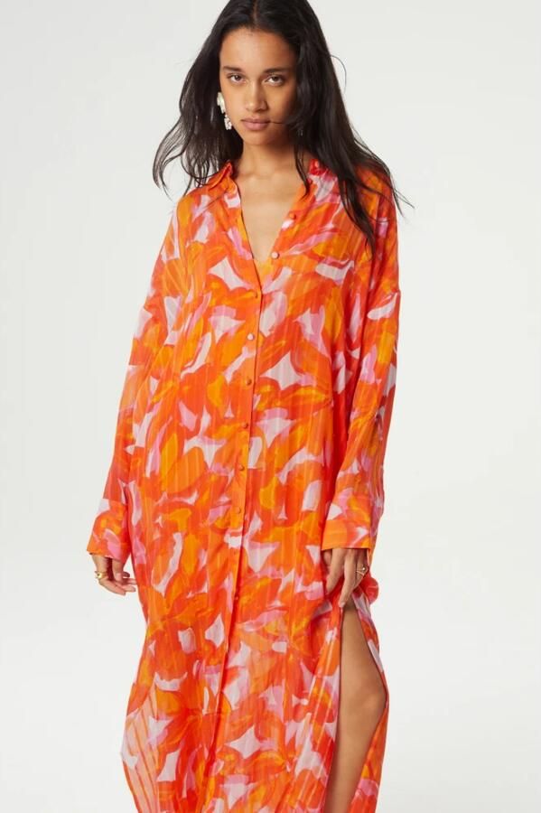 Fabienne Chapot maxi blousejurk met all over print oranje roze geel - Foto 4
