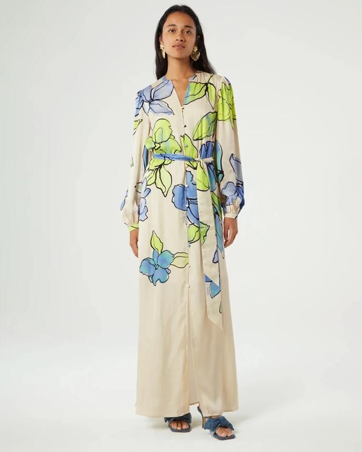 Fabienne Chapot gebloemde maxi blousejurk Erina ecru limegroen blauw - Foto 5