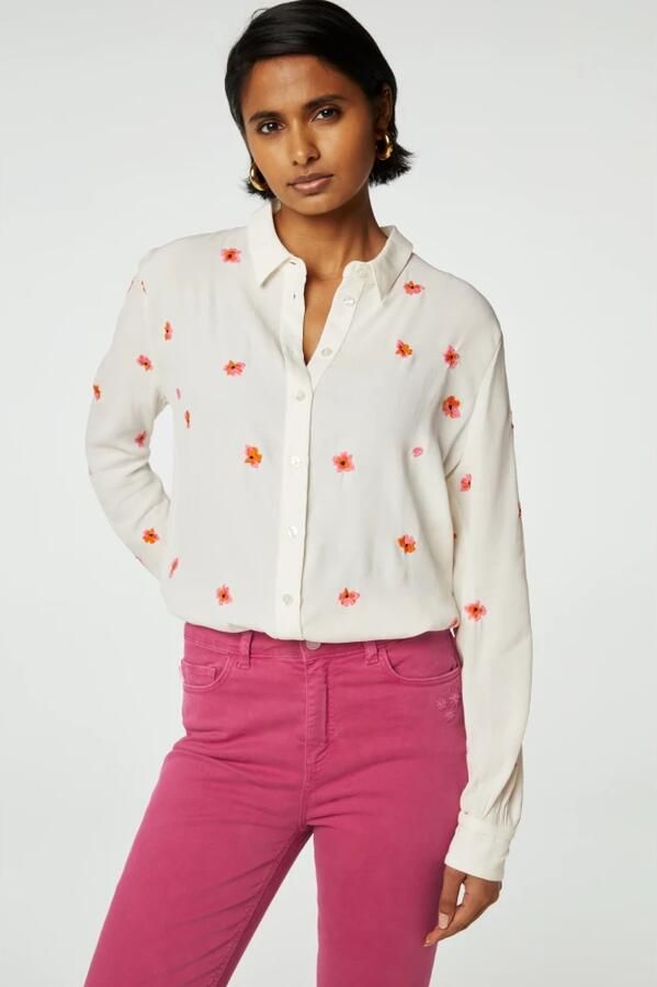 Fabienne Chapot blouse met all over print en borduursels creme roze oranje