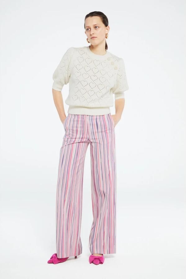 Fabienne Chapot gestreepte high waist wide leg pantalon City Wide Stripe Trousers roze lila wit - Foto 4