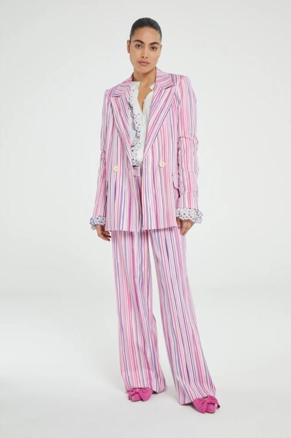 Fabienne Chapot gestreepte high waist wide leg pantalon City Wide Stripe Trousers roze lila wit - Foto 5