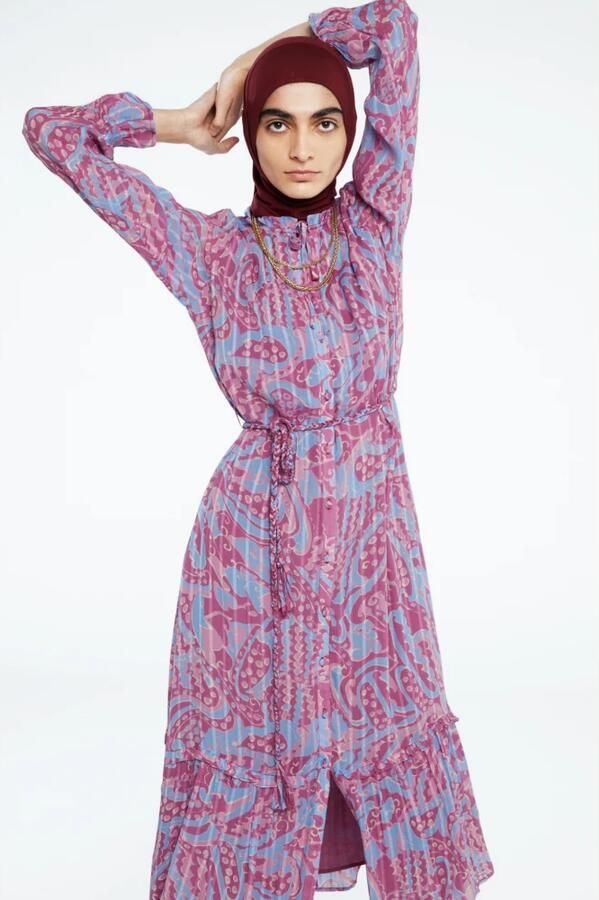 Fabienne Chapot maxi jurk Marilene met all over print en ruches paars blauw - Foto 3